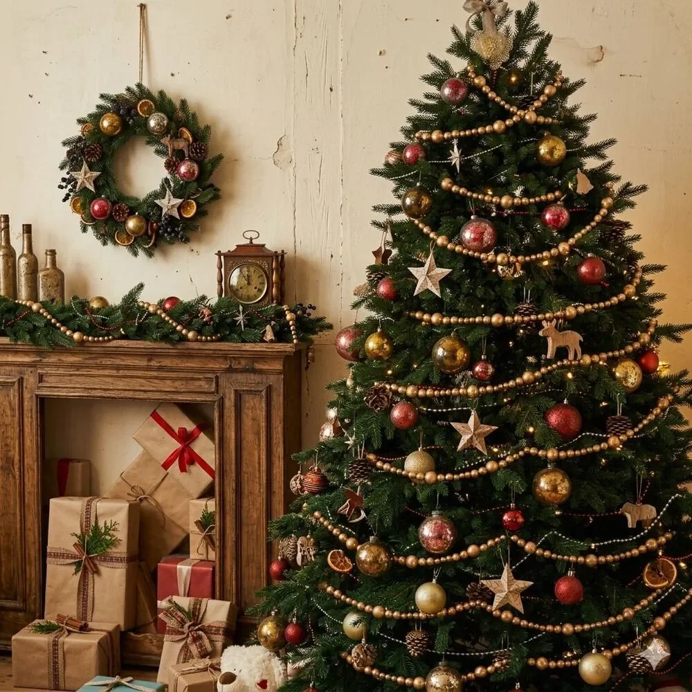 72 ft Antique Gold Wood Bead Garland 4pc Christmas Tree Farmhouse Rustic Decor